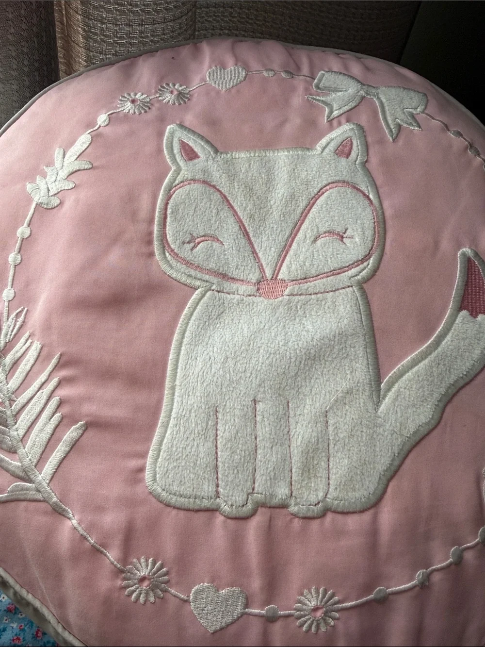 Pink Fox Embroidered Round Pillow